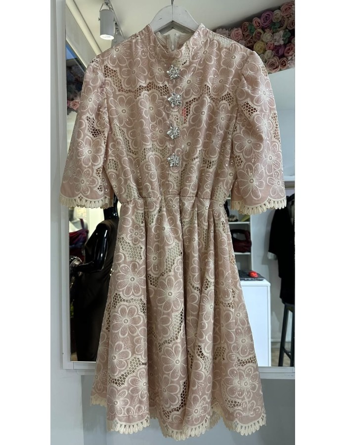 SS25 Brigitte Μοναστηριακό δαντέλα ροζ κοντό φόρεμα